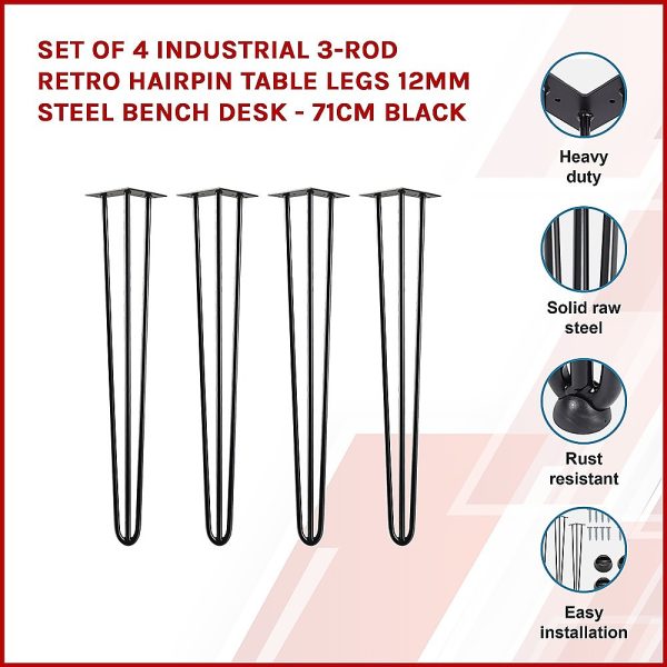 Set of 4 Industrial 3 – Rod Retro Hairpin Table Legs 12mm Steel Bench Desk – 71cm Black