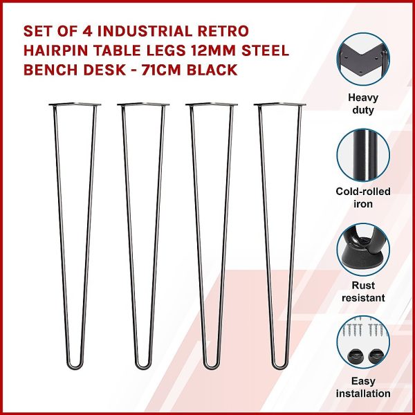 Set of 4 Industrial Retro Hairpin Table Legs 12mm Steel Bench Desk – 71cm Black