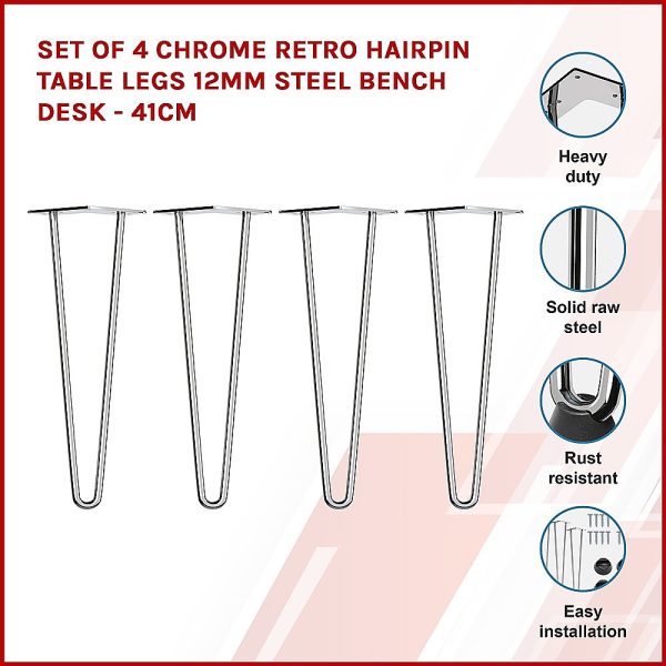 Set of 4 Chrome Retro Hairpin Table Legs 12mm Steel Bench Desk – 41cm