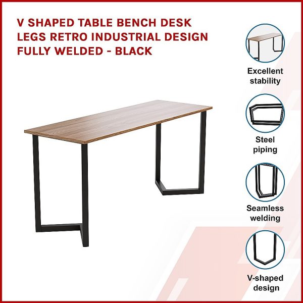 V Shaped Table Bench Desk Legs Retro Industrial Design Fully Welded – Black