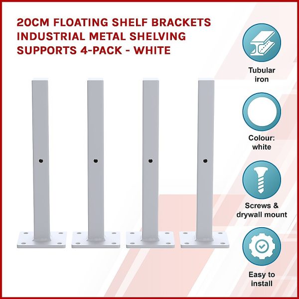 20cm Floating Shelf Brackets Industrial Metal Shelving Supports 4-Pack – White