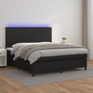 Box Spring Bed with Mattress&LED Black Faux Leather