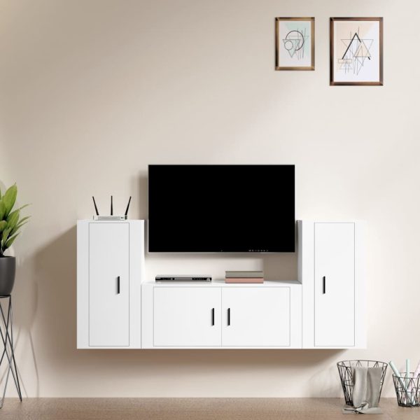 3 Piece TV Cabinet Set White Engineered Wood