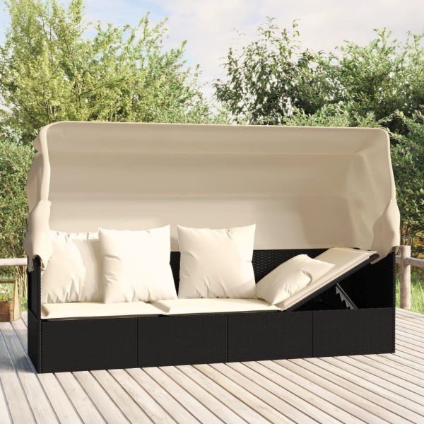 Outdoor Lounge Bed with Roof and Cushions Black Poly Rattan