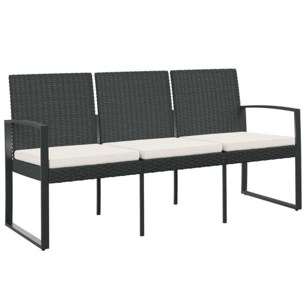 3-Seater Garden Bench with Cushions Black PP Rattan