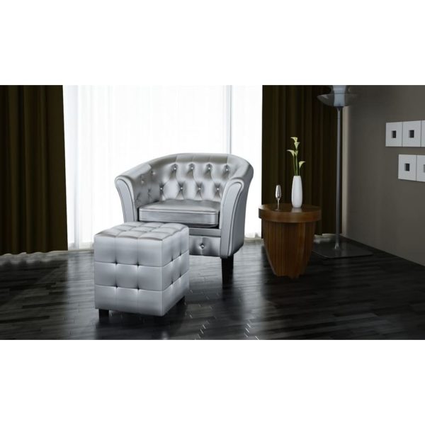 Tub Chair with Footstool Silver Faux Leather