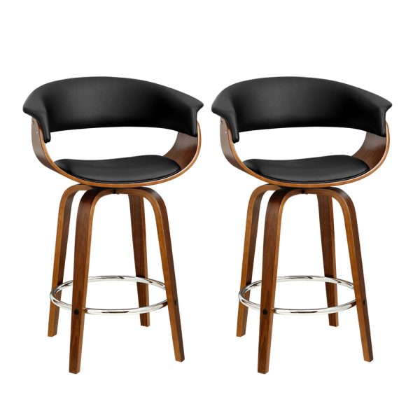Set of 2 Swivel PU Leather Bar Stool – Wood and Black