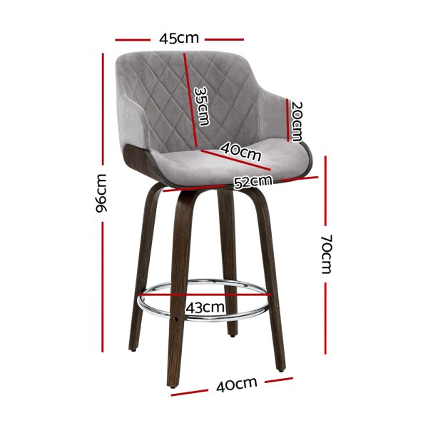 2x Kitchen Bar Stools Wooden Bar Stool Chairs Swivel Velvet Fabric Grey