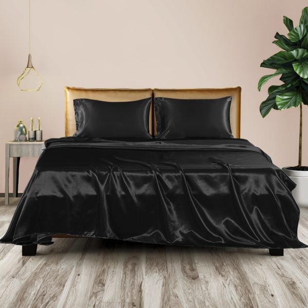 Silky Satin Sheets Fitted Flat Bed Sheet Pillowcases Summer Double Black