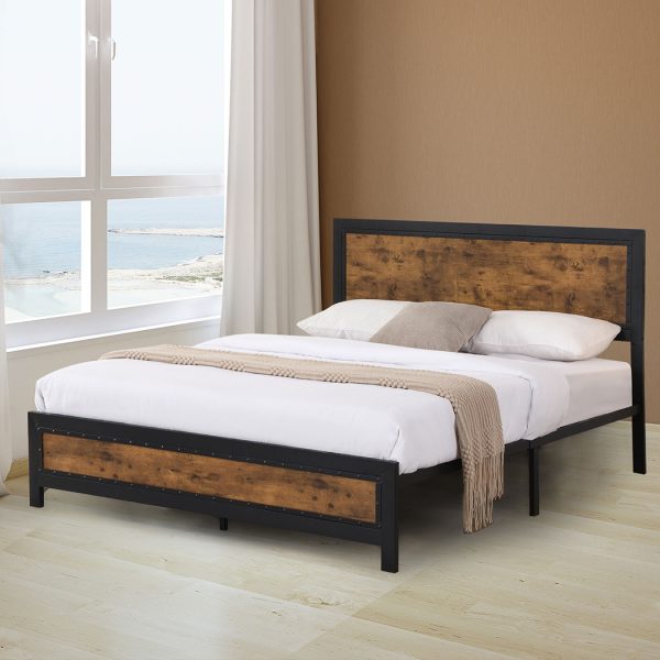 Bay Metal Bed Frame Mattress Base Platform Wooden Rivets Drawers Double
