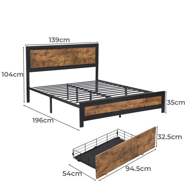 Lambton Metal Bed Frame Double Mattress Base Platform Wooden 4 Drawers Rustic