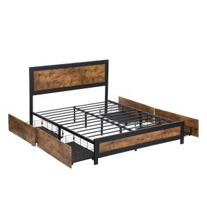 Lambton Metal Bed Frame Double Mattress Base Platform Wooden 4 Drawers Rustic