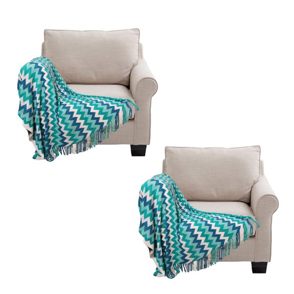 2X 170cm Blue Zigzag Striped Throw Blanket Acrylic Wave Knitted Fringed Woven Cover Couch Bed Sofa Home Decor