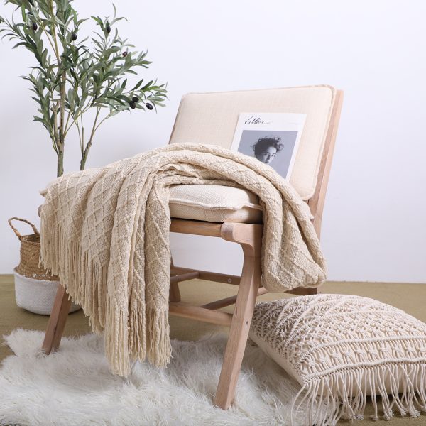 2X Beige Diamond Pattern Knitted Throw Blanket Warm Cozy Woven Cover Couch Bed Sofa Home Decor with Tassels