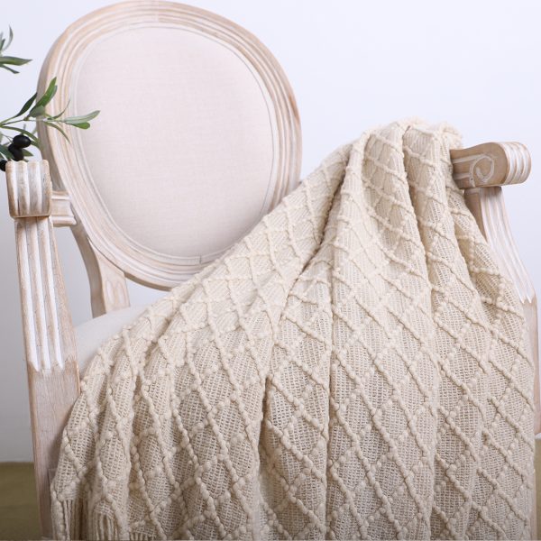 2X Beige Diamond Pattern Knitted Throw Blanket Warm Cozy Woven Cover Couch Bed Sofa Home Decor with Tassels