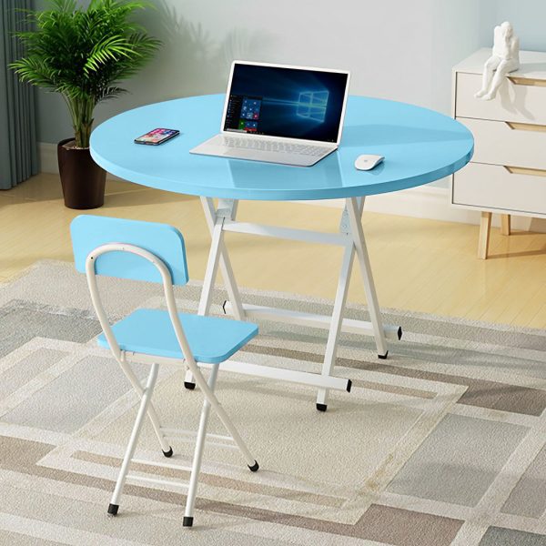 2X  Blue Dining Table Portable Round Surface Space Saving Folding Desk Home Decor