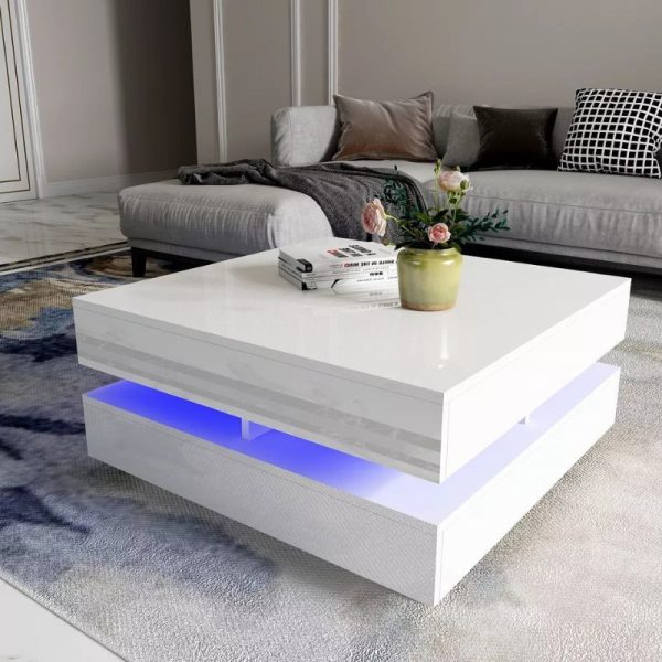 Modern Large High Gloss Coffee Table With LED Lights White
