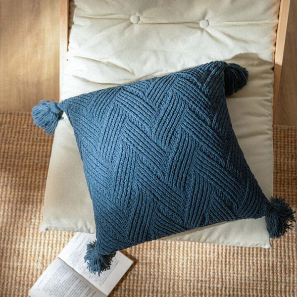 Cushion Cover-Knitted with Tassels-Teal-45cm x 45cm