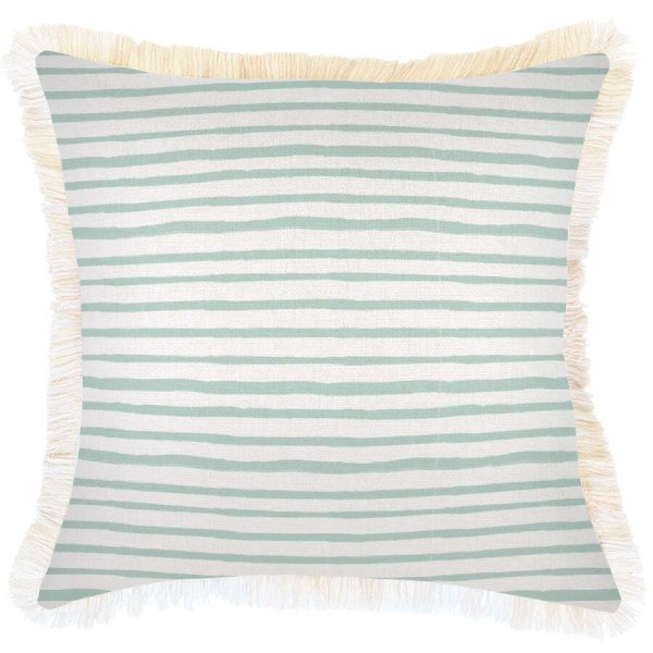 Cushion Cover-Coastal Fringe-Paint Stripes Pale Mint-60cm x 60cm