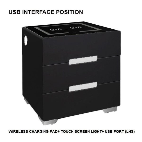 Wembley Smart Bedside Tables Side 3 Drawers Wireless Charging USB Nightstand LED Light AU Black