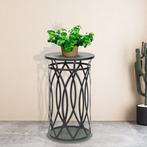 Elon Black Round Iron Side Table with Cross Legs and Gold Finish Top
