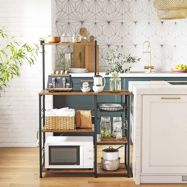 Kithcen Baker’s Rack with Shelves Microwave Stand with Wire Basket and 6 S-Hooks Rustic Brown