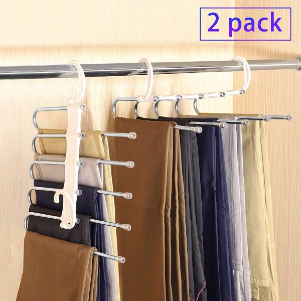 2 Pack Adjustable Multi-Layer 5 in 1 Pants Hanger for Wardrobe and Home Storage (White)