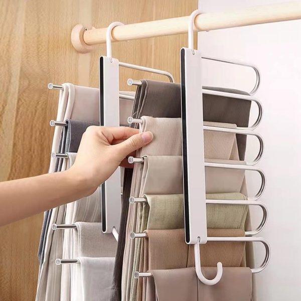 2 Pack Adjustable Multi-Layer 6 in 1 Pants Hanger for Wardrobe and Home Storage (White)