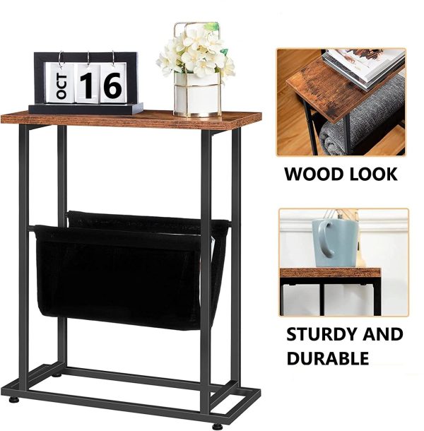 Industrial Side Table with Magazine Holder Sling and Metal Structure (Brown)