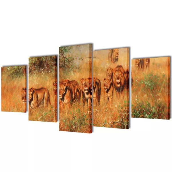 Canvas Wall Print Set Lions 100 x 50 cm
