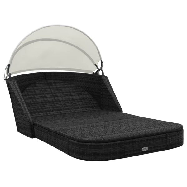 Sun Lounger with Canopy Poly Rattan – Black