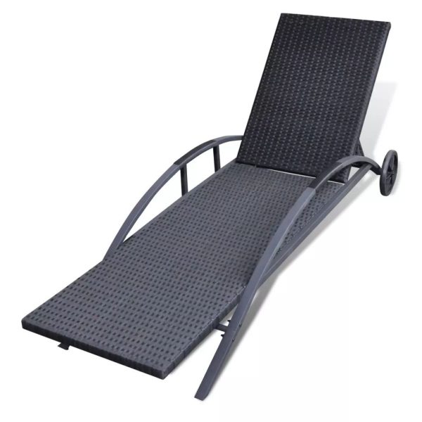 Sun Lounger with Cushion & Wheels Poly Rattan – Black
