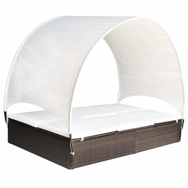 Double Sun Lounger with Canopy Poly Rattan – Brown