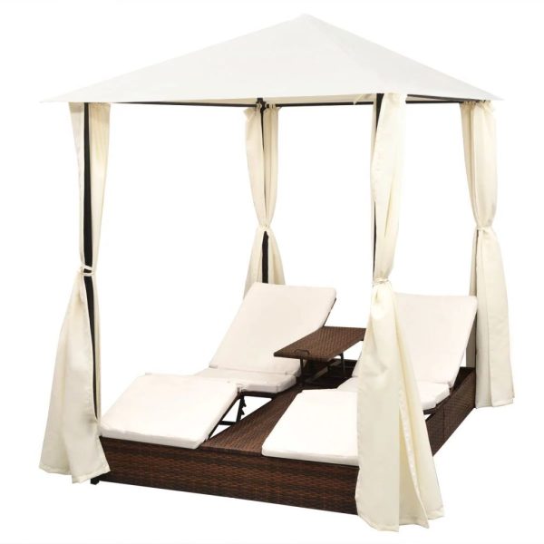 Double Sun Lounger with Curtains Poly Rattan