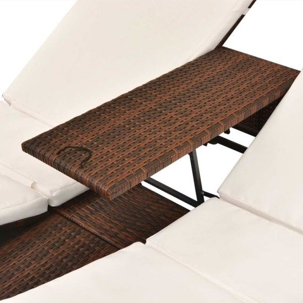 Double Sun Lounger with Curtains Poly Rattan – Brown