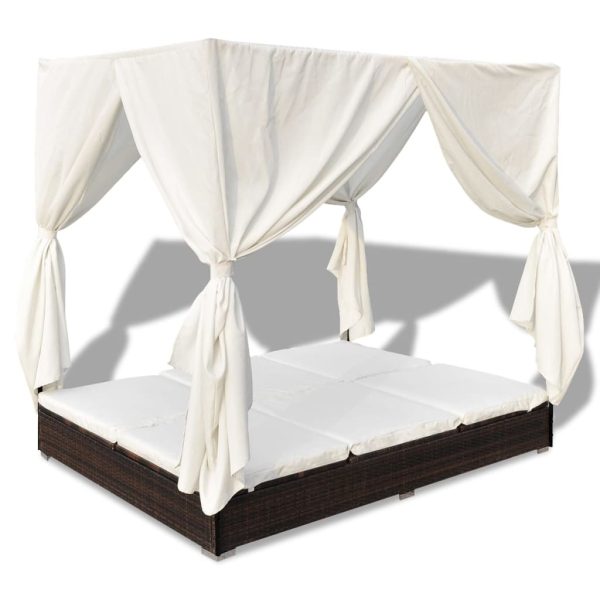 Outdoor Lounge Bed with Curtains Poly Rattan