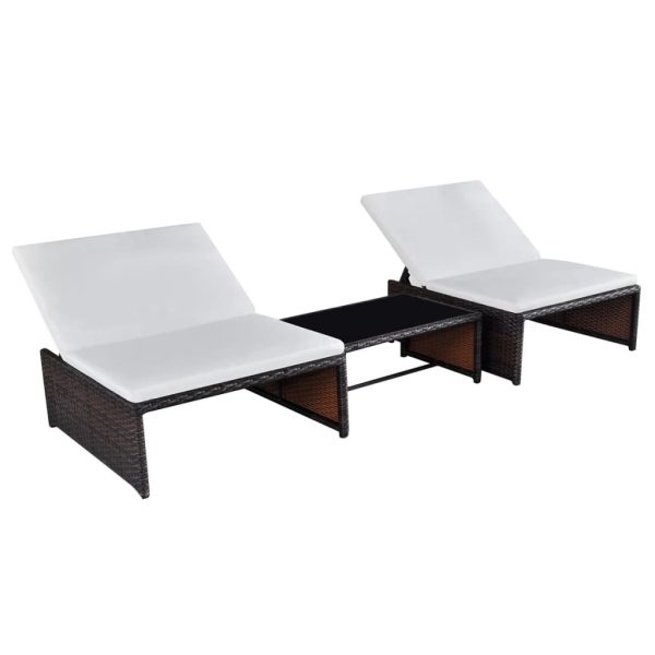 Sun Loungers 2 pcs with Table Poly Rattan – Brown and White