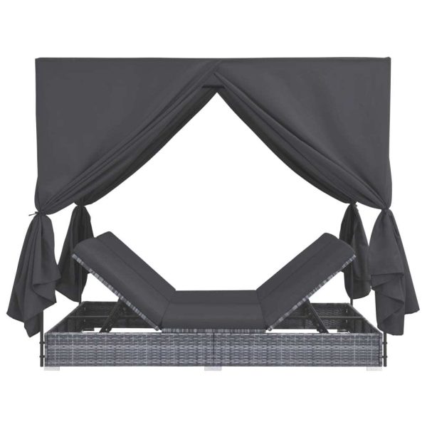 Outdoor Lounge Bed with Curtains Poly Rattan Grey