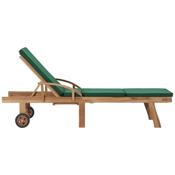 Sun Lounger with Cushion Solid Teak Wood – Green, 1