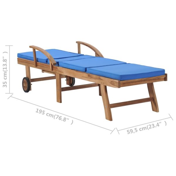 Sun Lounger with Cushion Solid Teak Wood – Blue, 1