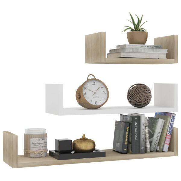 Wall Display Shelf 3 pcs Engineered Wood – White and Sonoma Oak