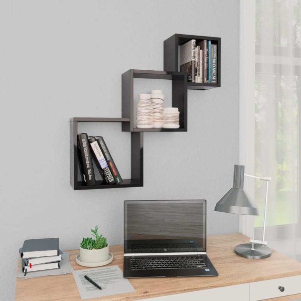 Cube Wall Shelves 68x15x68 cm Engineered Wood – High Gloss Black