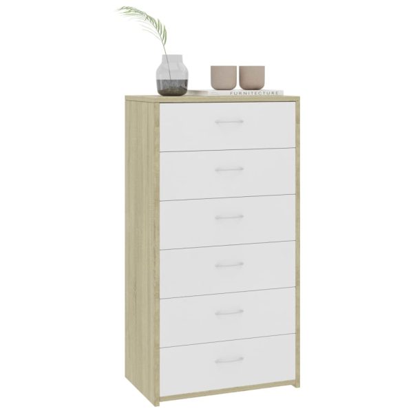 Sideboard with 6 Drawers 50x34x96 cm Engineered Wood – White and Sonoma Oak