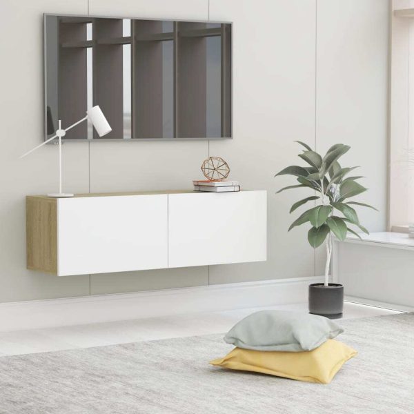 Newmarket TV Cabinet Engineered Wood – 100x30x30 cm, White and Sonoma Oak