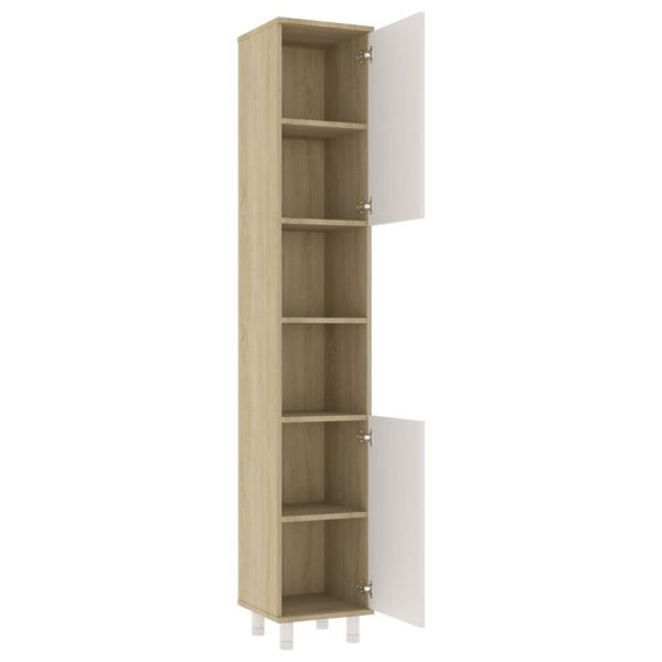 Bathroom Cabinet 30x30x179 cm Engineered Wood – White and Sonoma Oak