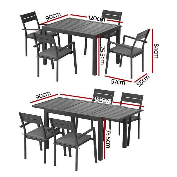 5pcs Outdoor Dining Set 4-Seater Aluminum Extension Table Chairs Lounge