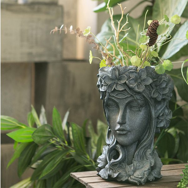 2X Resin Black Creative Goddess Head Statue Planter Bonsai Flower Succulent Pot Decor