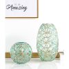 2X Green Colored Diamond Cut Glass Flower Vase Round Jar Home Decor with Gold Accent Large and Medium Set