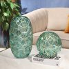 2X Green Colored Diamond Cut Glass Flower Vase Round Jar Home Decor with Gold Accent Large and Medium Set