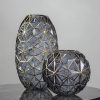 2X Grey Colored Diamond Cut Glass Flower Vase Round Jar Home Decor with Gold Accent Large and Medium Set